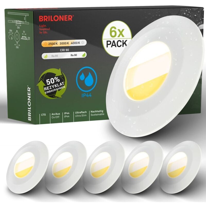 B.k.licht - Briloner Klira Set de 6 spots led encastrables 230V pour salle de bain, interrupteur cts, Ra90 haute tenue des couleurs, protection