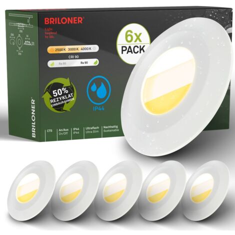 Briloner Klira Set de 6 spots LED encastrables 230V pour salle de bain, interrupteur CTS, Ra90 haute tenue des couleurs, protection contre les projections d'eau, boîtier en matériau recyclé à 50 %, bl