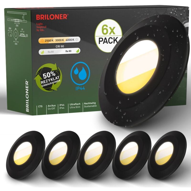 B.k.licht - Briloner Klira Set de 6 spots led encastrables 230V pour salle de bain, interrupteur cts, Ra90 haute tenue des couleurs, protection