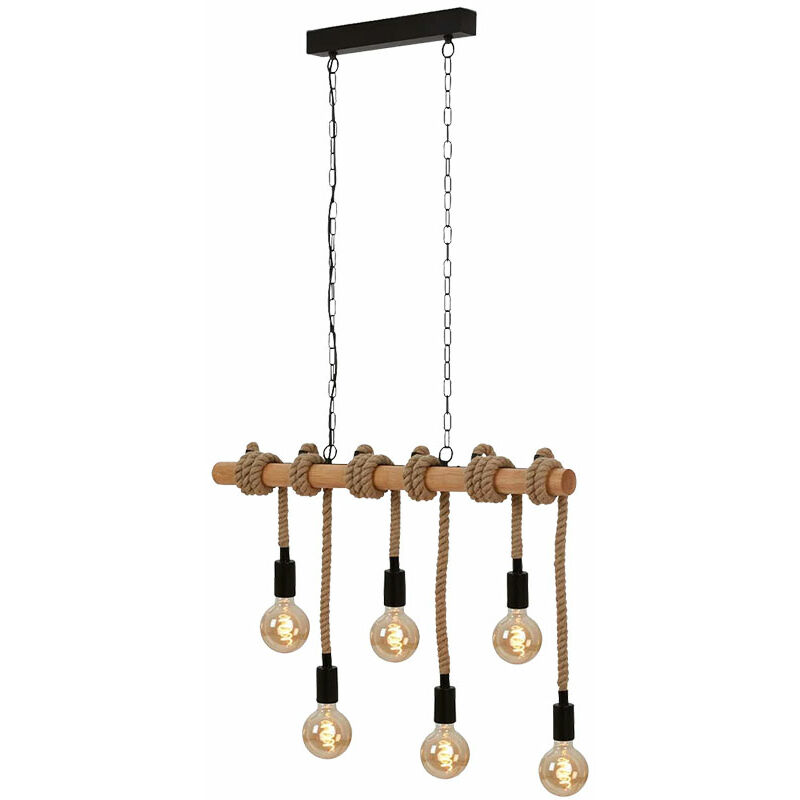 Image of Lampada a sospensione, lampada da sala da pranzo regolabile in altezza, lampada a sospensione con trave in legno, corda di canapa in metallo nero, 6