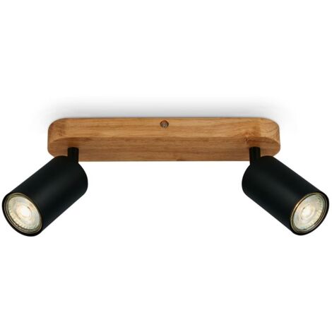 BRILONER - Lampada da soffitto retrò con legno, lampada da soffitto vintage a 2 lampade, 2x attacco GU10, spot LED regolabile, spot da soffitto rustico, nero-legno, 270x60x85 mm