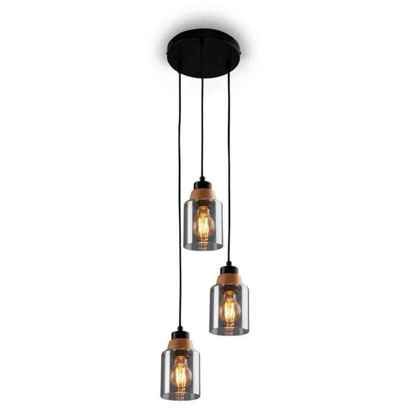 Briloner Pendant Light, With Wood, Smoked Glass, 3xe27/max.
