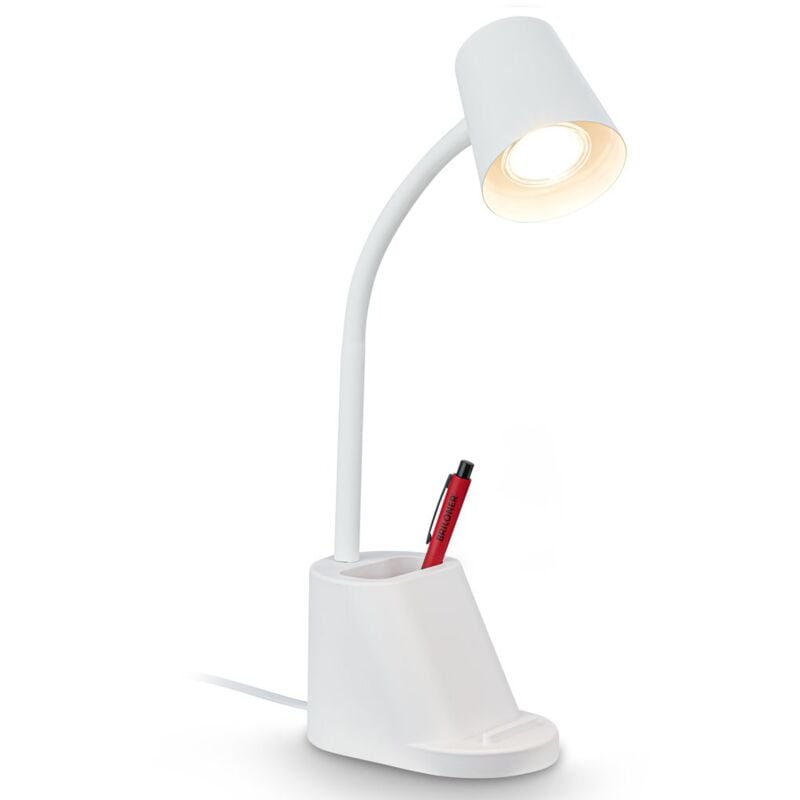 Briloner - Pahu Lampe de bureau, Porte-stylo, Interrupteur à câble, Orientable, Blanc, 21 x 10 x 35,5 cm