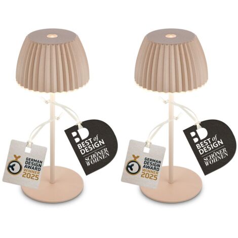 Briloner RIFFLE MINI Lot de 2 lampes LED de table sans fil, variateur tactile, Lauréat German Design Award 2025, beige, Ø8,5x20 cm