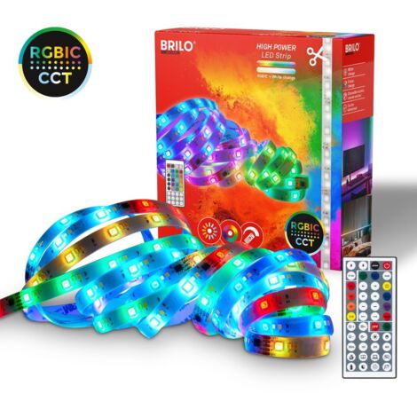 Briloner Ruban LED 5m, RGB IC changement de couleur dynamique, CCT, télécommande, dimmable, Smart, autocollant, blanc, 500 x 1 cm