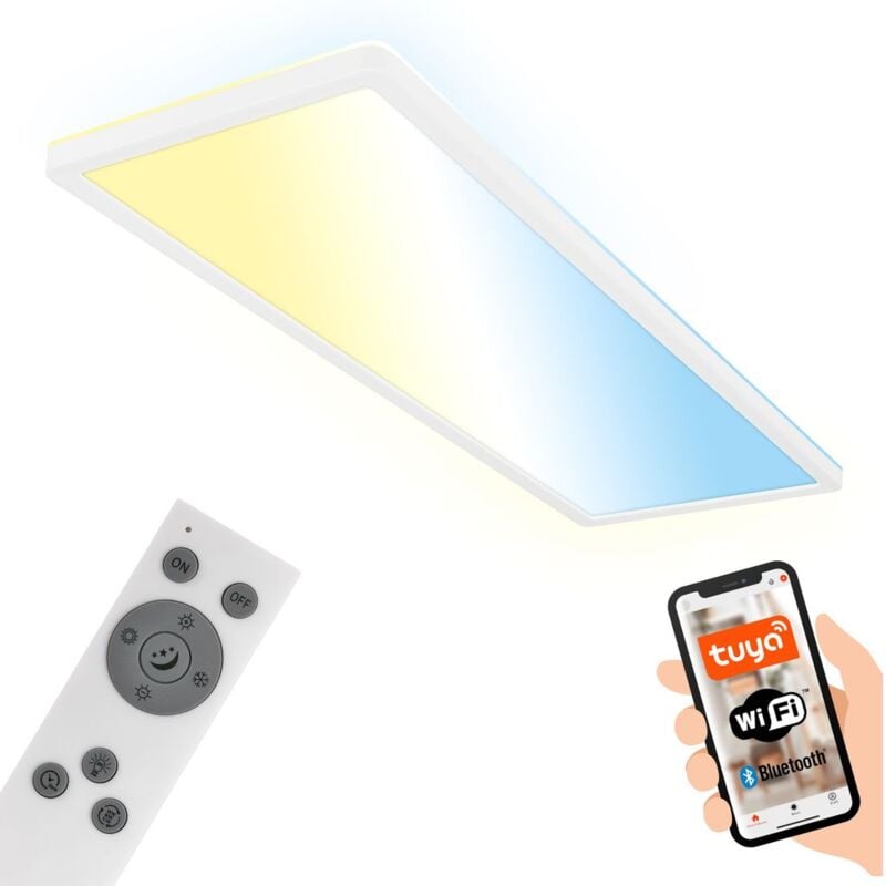Tava led Plafonnier, Smart via app et commande vocale, télécommande, variateur, plat, blanc, 58 x 20 x 3 cm - Briloner