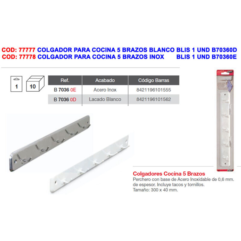 

brinox colgador para cocina 5 brazos blanco blist.1 und b70360d - Mibricotienda