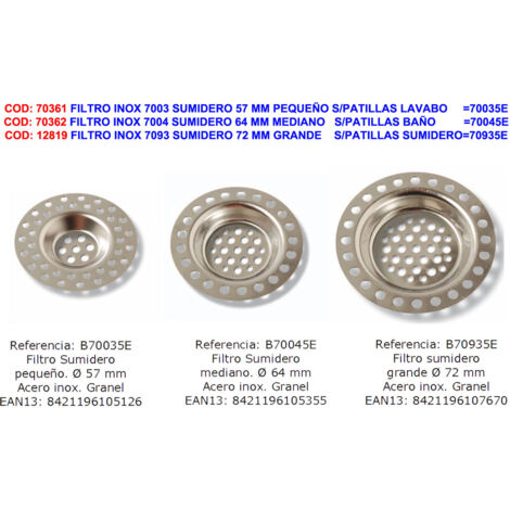BRINOX Filtro de acero inoxidable para desagüe de fregadero Ø72mm grande sin pata 70935E