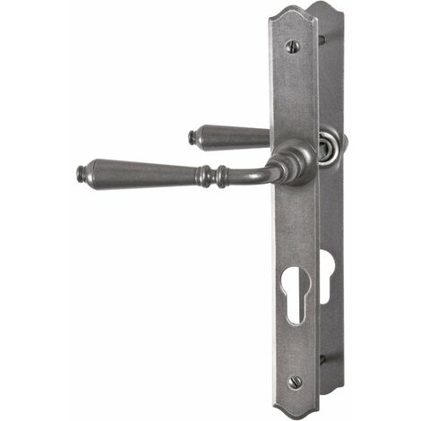 Brionne – Poignée de porte-fenêtre sur plaque étroite – Acier finition patinée – Entraxe 195 mm – Béquille double pour portes standards
