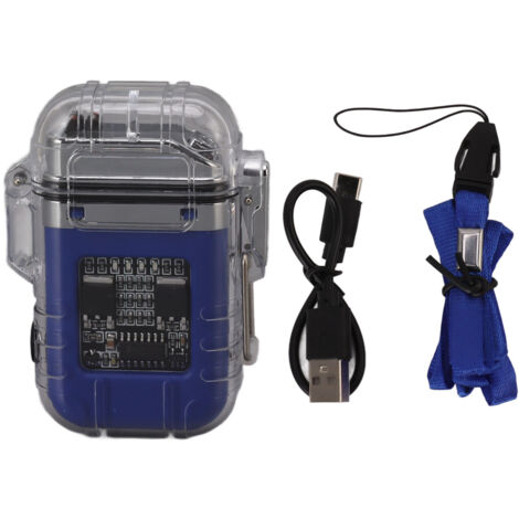 Briquet électrique à double arc étanche transparent résistant au vent avec affichage de puissance bleu