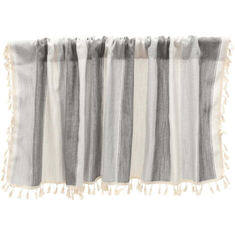 Brise-bise Rayé Gris et Blanc 132 x 45 cm avec Franges et Passe-tringle pour Cuisine et Salle de Bain