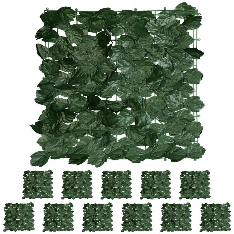 Brise-vue en lot de 12, haie artificielle, feuilles lierres, 50 x 50 cm, pour jardin ou balcon, vert foncé - Relaxdays