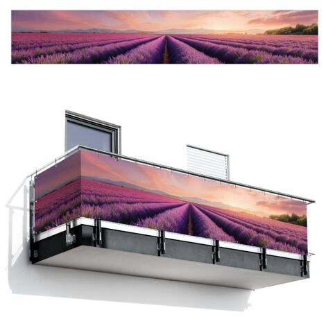 BRISE-VUE POUR BALCON Champ de lavande - Coucher de soleil - Violet - Fleurs 500x85