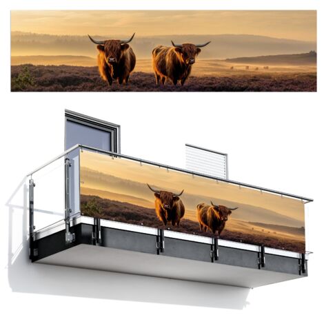BRISE-VUE POUR BALCON Highlanders écossais - Lande - Paysage - Animaux 300x80