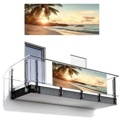 BRISE-VUE POUR BALCON Plage - Palmiers - Océan - Coucher de soleil 300x130