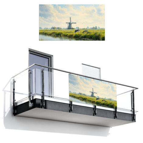 BRISE-VUE POUR BALCON Vaches - Moulin à vent - Prairie - Bleu 200x110