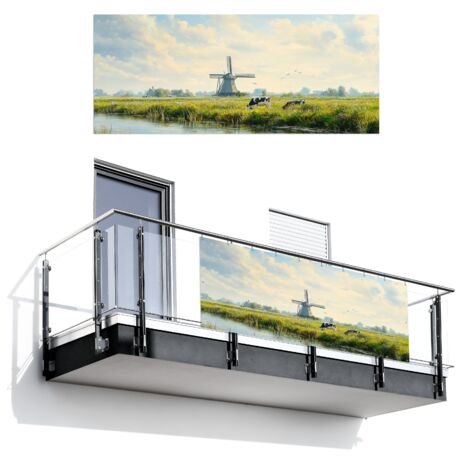 BRISE-VUE POUR BALCON Vaches - Moulin à vent - Prairie - Bleu 300x130