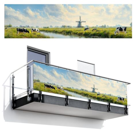 BRISE-VUE POUR BALCON Vaches - Moulin à vent - Prairie - Bleu 300x75