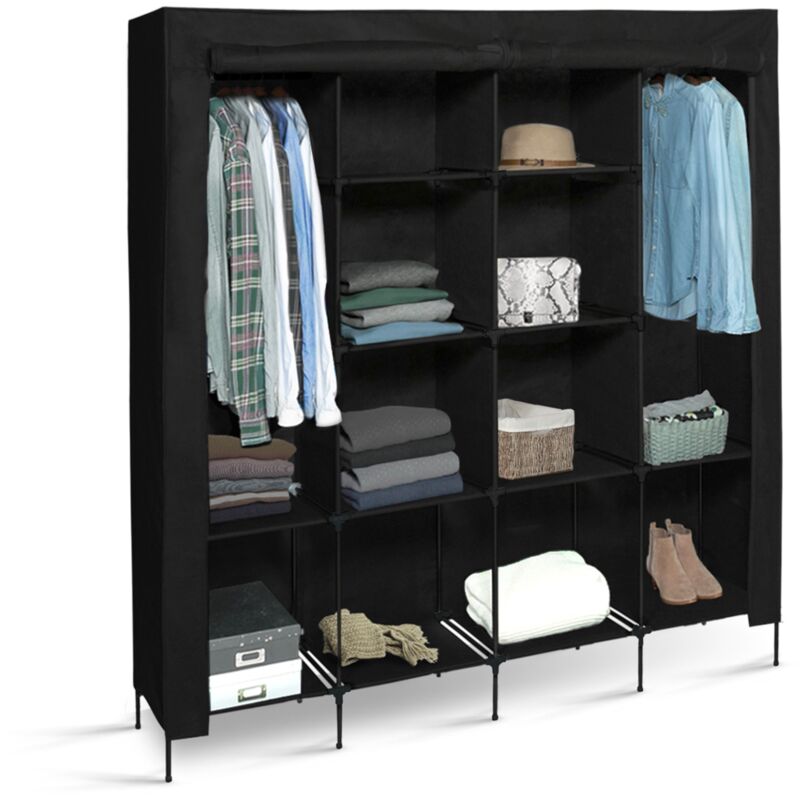 Grande armoire de rangement penderie pliable vêtements en tissu noir dressing double xxl