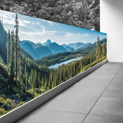 Brise vue Trompe l'oeil - 110x330 cm - Vue lac et montagnes - Recto Imprimé / Verso BlancBâche Pleine - 100% d'occultation