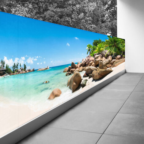 Brise vue Trompe l'oeil - 110x440 cm - Plage mer cocotiers - Recto Imprimé / Verso BlancBâche Pleine - 100% d'occultation