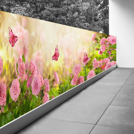 Brise vue Trompe l'oeil - 120x360 cm - Fleurs papillons - Recto Imprimé / Verso BlancBâche Micro Perforée - 80% d'occultation