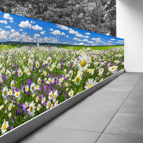 Brise vue Trompe l'oeil - 130x520 cm - Champ fleurs - Recto Imprimé / Verso BlancBâche Pleine - 100% d'occultation