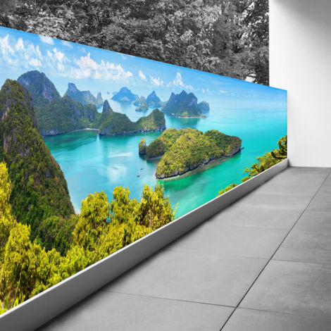 Brise vue Trompe l'oeil - 130x520 cm - Iles paradisiaques - Recto Imprimé / Verso BlancBâche Micro Perforée - 80% d'occultation