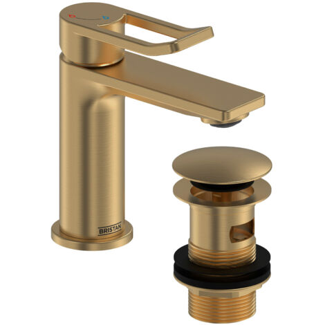 Bristan Saffron Eco Start Small Basin Mixer Tap with Clicker Waste - Brushed Brass
