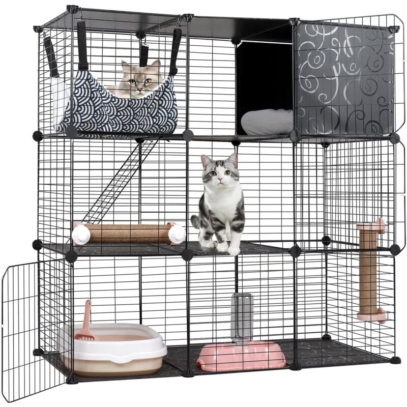 Cage pour Chats Intérieur, Enclos diy à 3 Niveaux avec Grand Hamac - Brisunshine