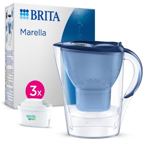 BRITA Caraffa filtrante acqua Marella Blu (2.4L) incl. 3 x BRITA filtri MAXTRA PRO All-in-1 che riduce cloro, calcare, PFAS e metalli - Eleganza e funzionalità