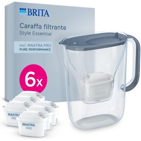 BRITA Caraffa filtrante Style Essential Stone Blue (2,4L) incl. 6x MAXTRA PRO PURE PERFORMANCE che riduce cloro, calcare, PFAS e metalli - Adatta alla porta del frigorifero, con indicatore LED
