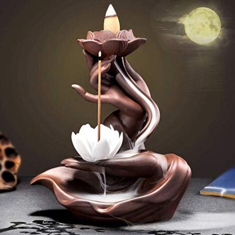 Brleur d'encens à Contre-Courant en Céramique Brleur d'encens Cascade Brle-encens à Refoulement Porte Encens Bouddha/Lotus pour Spa, Yoga, Méditation, Style 1