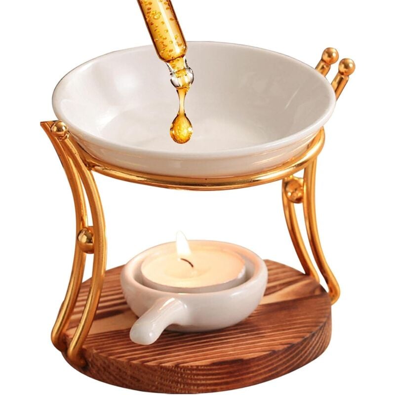 Brleur à Huile Essentielle, Brleur à Huile Essentielle en Métal, Brleur à Cire Fondue avec Bol en Céramique, Brleur à Bougie Chauffe-Plat Diffuseur
