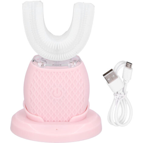Bro brochette U: Brosse à dents électrique ultrasonique automatique en silicone rose, nettoyage 360° en 45 secondes, autonomie 10 jours, charge rapide USB.