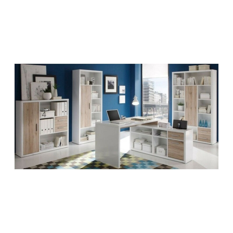 Büro Set Tokyo in Eiche San Remo Weiß 4 teiliges Komplett Set mit Winkelschreibtisch Eckschreibtisch Schreibtisch Rollcontainer Aktenschränke