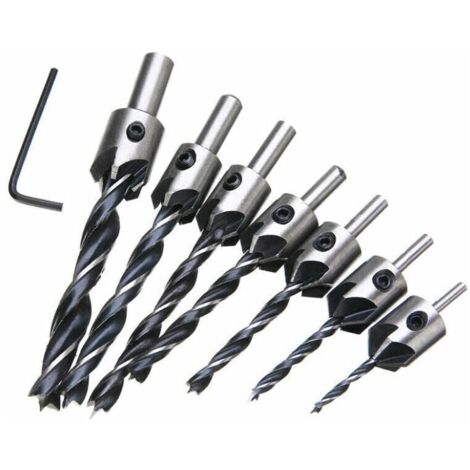 Broca avellanadora para madera, juego de brocas cónicas de 5 ranuras, escariador de acero de alta velocidad HSS, herramienta de biselado de 3, 4, 5, 6, 7, 8 y 10 mm, con llave hexagonal, 7 piezas