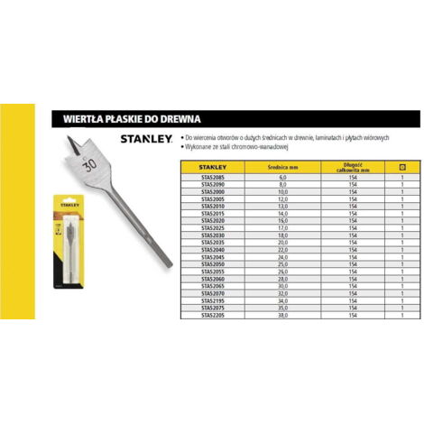 Broca de pala con punta de centrar y bordes afilados ø 8mm  STANLEY STA52090-QZ