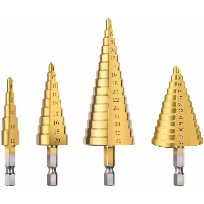 Broca escalonada, 4 piezas de acero de alta velocidad con revestimiento de titanio, cortador de agujeros para madera, acero inoxidable, chapa de metal