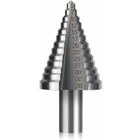 Broca escalonada HSS, broca escalonada cónica de doble ranura (5 mm-35 mm) con revestimiento de titanio, sólida, perfecta para taladrar acero, madera, latón, aluminio y PVC (vástago redondo, 13 mm).