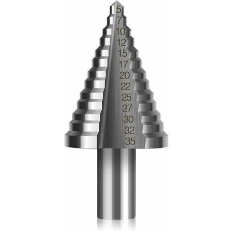 Broca escalonada HSS, broca escalonada cónica de doble ranura (5 mm-35 mm) con revestimiento de titanio, sólida, perfecta para taladrar acero, madera, latón, aluminio y PVC (vástago redondo, 13 mm).