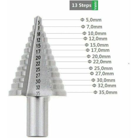 Broca escalonada HSS GABRIELLE, de doble filo con revestimiento de titanio (5 mm-35 mm), resistente, ideal para taladrar con destornillador en acero, madera, plástico, latón, aluminio y PVC.