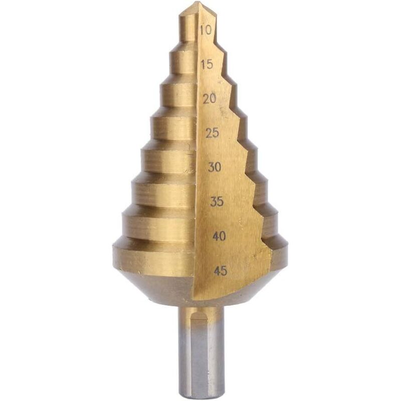 Broca escalonada Pagoda - 10 a 45 mm - Acero HSS - Recubierto de titanio - Punta en forma de cono - para herramienta eléctrica