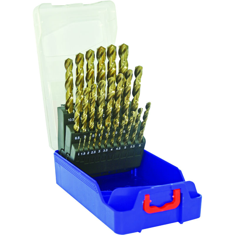 Tivoly • Caja G 25uds Brocas HSS E5, corte cilíndrico corto rectificado. Punto de cruce. Contiene Ø1 a 13mm por 1/2mm