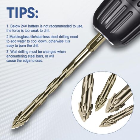 Broca excéntrica de cuatro ranuras y dientes de sierra, broca dentada de cuatro ranuras, vástago hexagonal de 1/4", juego de brocas para azulejos de alta resistencia con punta de carburo