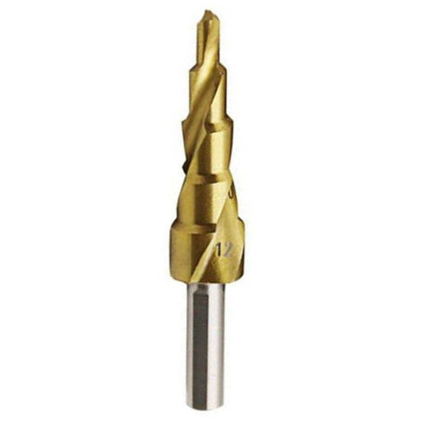 Broca helicoidal escalonada de 4-12 mm, mango triangular, cabeza tipo pagoda, orificios de expansión, para plástico, madera, aluminio y metal.