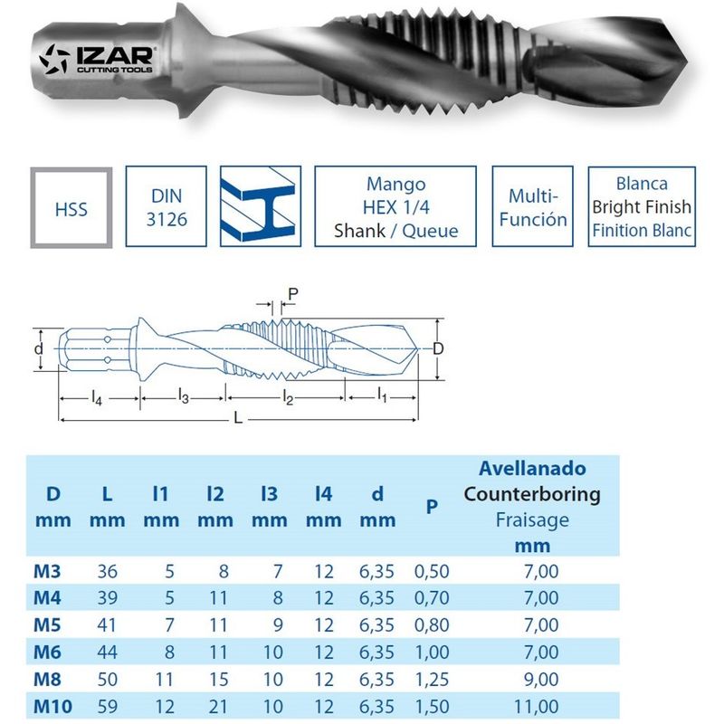 

IZAR 12577 - Broca-macho-avellanador hss DIN3126 m5