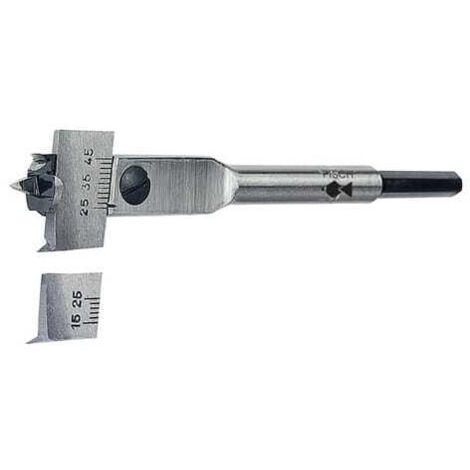 Broca para madera extensible, vástago hexagonal, capacidad de 15 a 45 mm, longitud 130 mm.