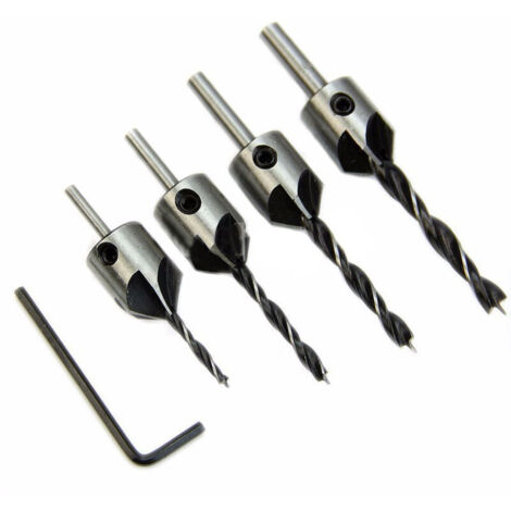 Broca para madera, guía de chaflán, 4 piezas, broca + llave