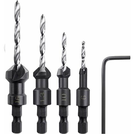 Brocas avellanadoras, 4 piezas Brocas avellanadoras hexagonales Brocas avellanadoras con una llave pequeña, Avellanador de madera avellanado Se adapta a paneles de madera o plástico